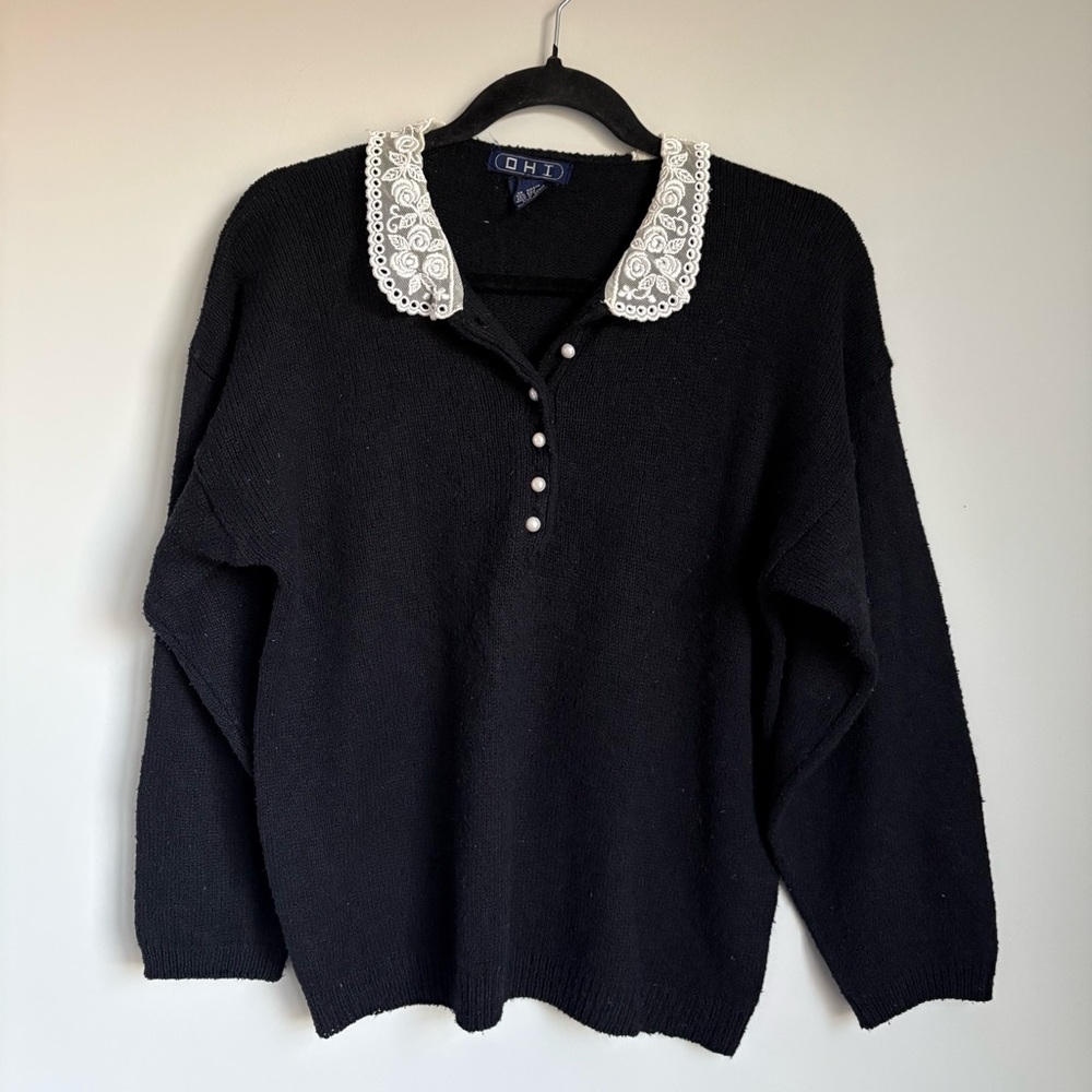 Vintage OHI Black Sweater with Lace Collar